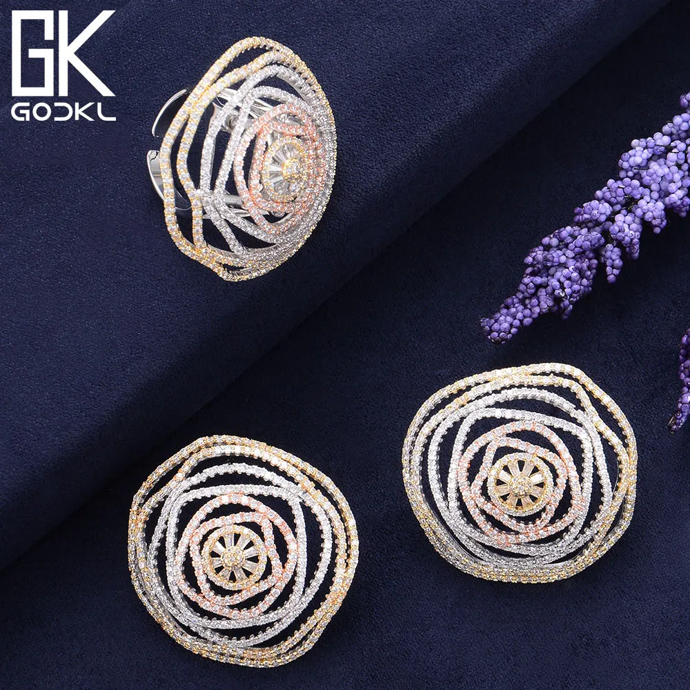 

GODKI Geometry Flowers Design Fashion Luxury Super Shiny AAA Cubic Zirconia Women Engagement Earring And Ring Jewelry Set