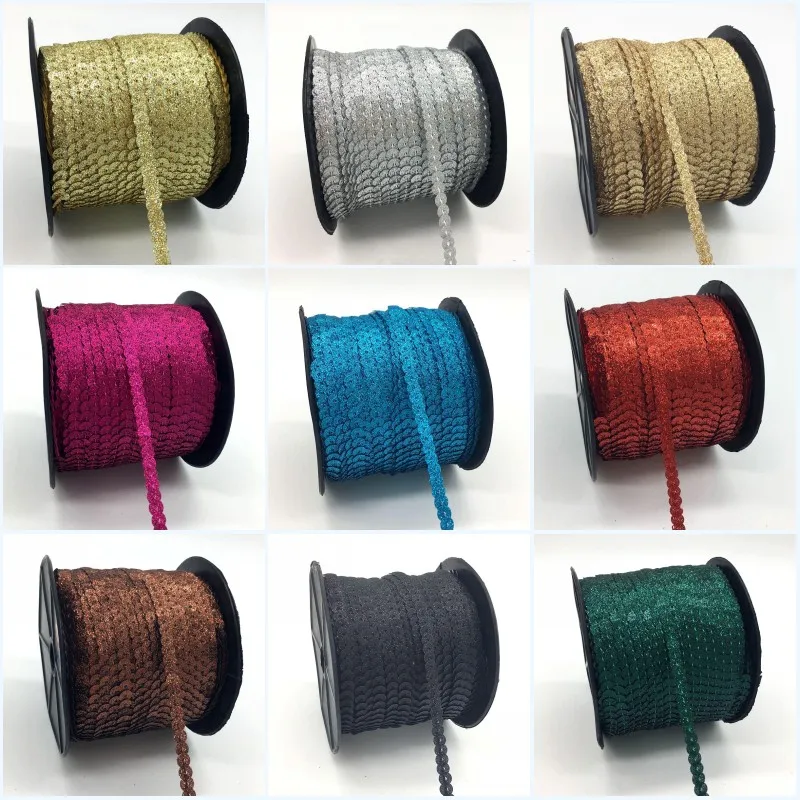 

100Yards/Lot 6mm Glitter PET Sequins Flat Round Paillettes Trim Sewing Strings In Roll Crafts Garment Materials Accessory