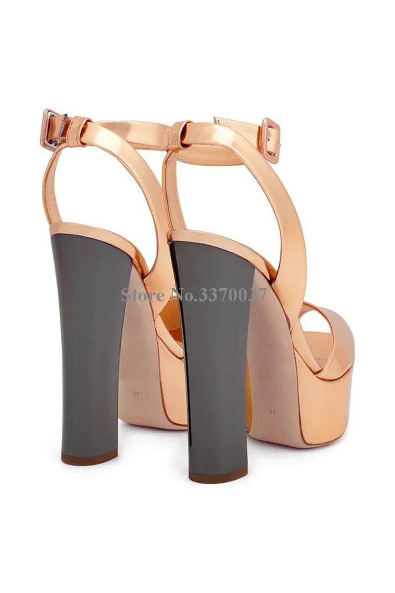 New Fashion Women Open Toe Gold High Platform Chunk Heel Pumps Mirror Patent Leather Ankle Strap High Heels Dress Shoes New Fashion Women Open Toe Gold High Platform Chunk Heel Pumps Mirror Patent Leather Ankle Strap High Heels Dress Shoes