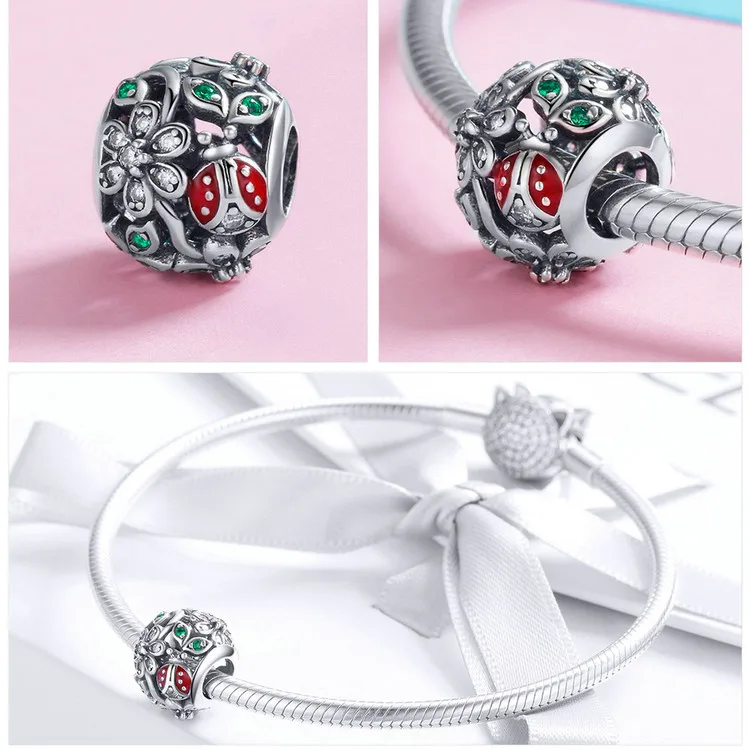 Серебряный S925 fit Pandora браслет Маргаритка Снежинка Единорог Жук бусины кролик 925 DIY Циркон Скелет перо мир руки талисманы