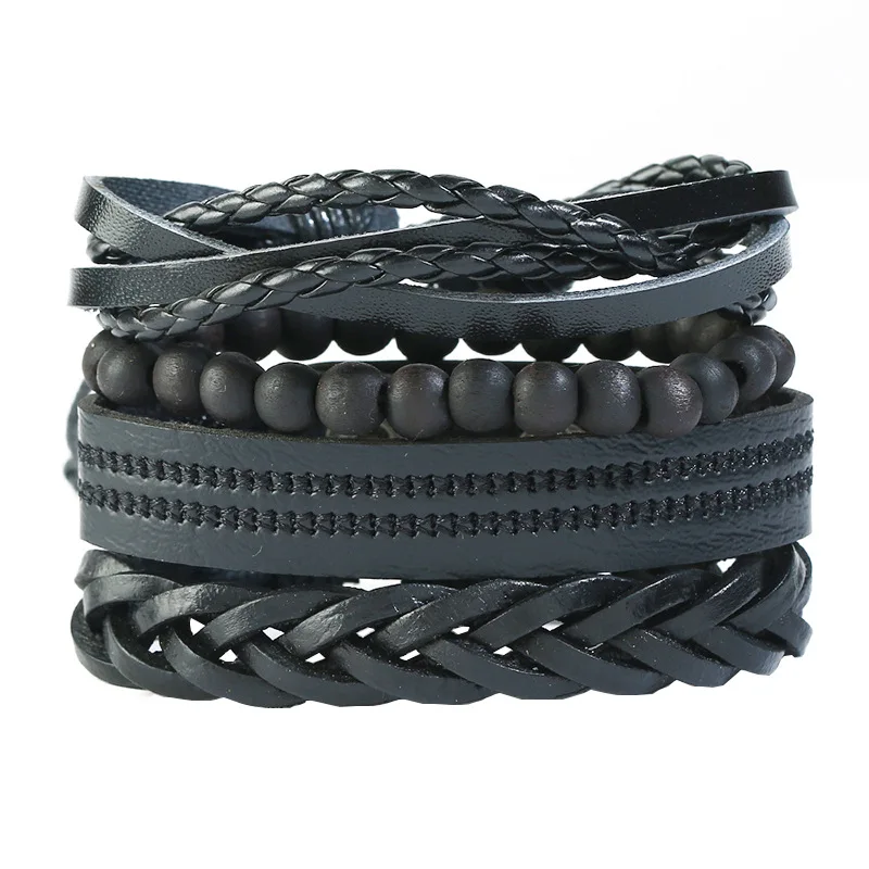 

4 Piece Simple Fashion Woven Hemp Rope Leather Beading Bracelet European American Punk Personality Men's Jewelry Accessories