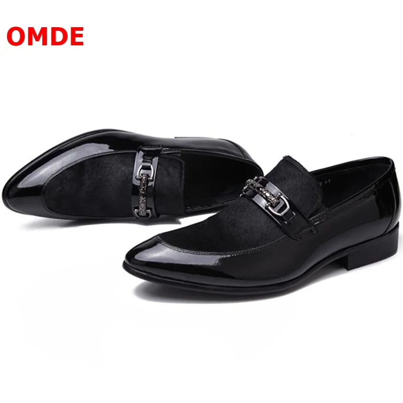 OMDE Summer Pointed Toe Patent Leather Loafers Luxury Patchwork Horsehair Mens Dress Shoes Slip On Men's Prom And Wedding Shoes