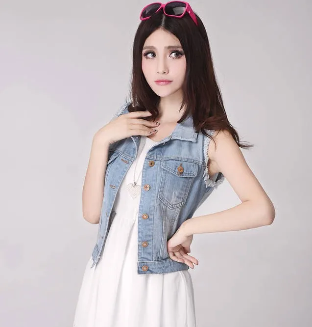 New women Short Jeans Jacket Sleeveless 