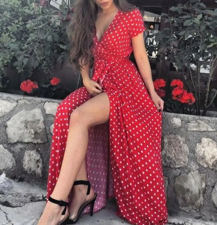 

4XL 5XL Vintage Women Polka dot print Short sleeve bandage bodycon sundress Long Dress Elegant Female Split Dress Vestidos femm