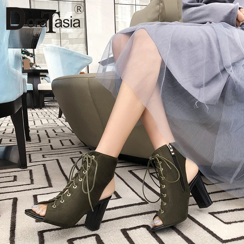 

DoraTasia 2019 New Arrival Big Size 33-48 Fashion Lace Up Women Summer Sandals Retro Square High Heel Shoes Woman Sandals