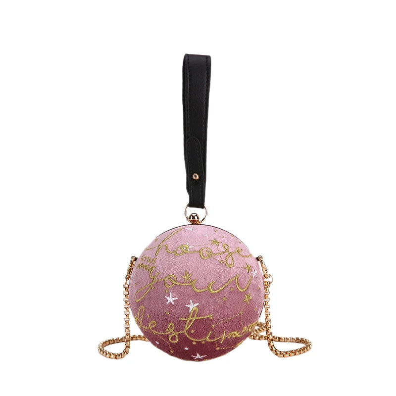 ABDB-Luxury Fashion Blue Planet Pattern Velvet Star Ball Shoulder Bag Women Small Round Velour Bag Personality Female Handbag - Цвет: Pink
