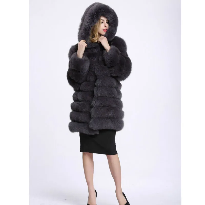 Taille ardoisé En Hiver Chaud Fausse Manteaux À Blanc Veste Long Manches Mode D'hiver Épaissir noir Manteau Fourrure Longues Plus Pardessus La Femmes Capuchon Renard De fSxqwdwt7