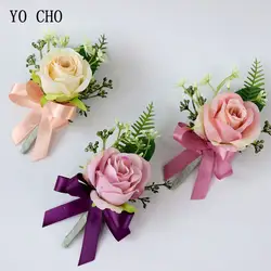 YO CHO Свадебные корсажи бутоньерки шелковые розы цветок розовый запястье корсажи жениха бутоньерка человек брак шпильки свадебные