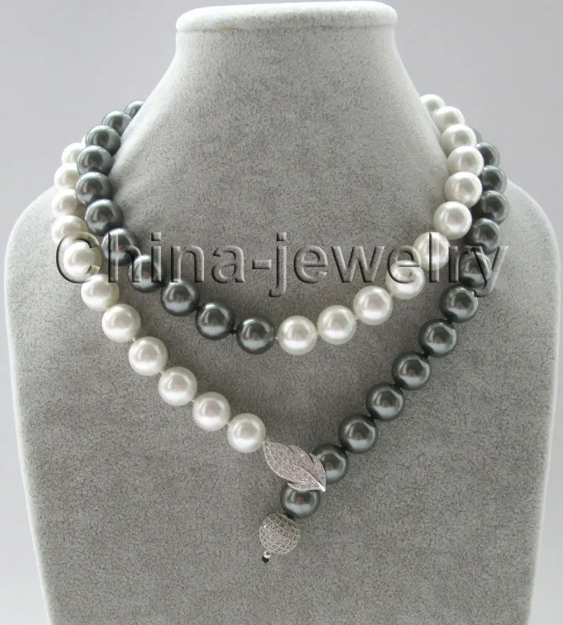 

FREE SHIPPING HOT sell new Style >>>>35" 12mm peacock black + white perfect round south sea shell pearl necklace