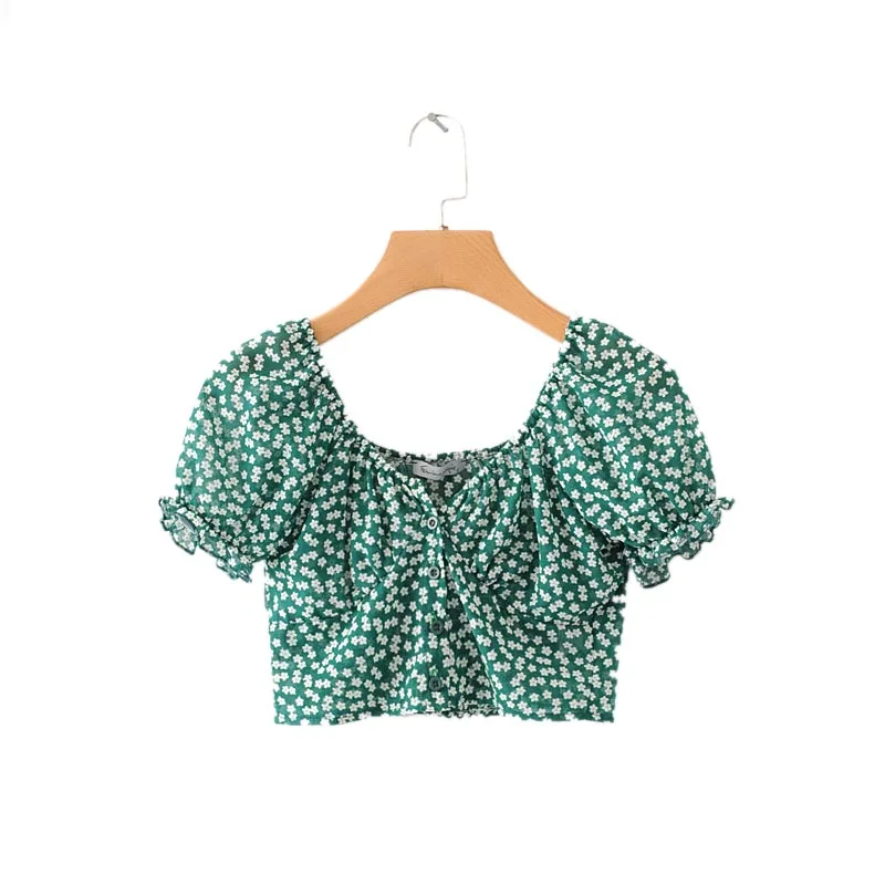 

CS158 French Stylish Puff Sleeve Floral Print Short Blouse Women Chic Short Blouse Crop Tops