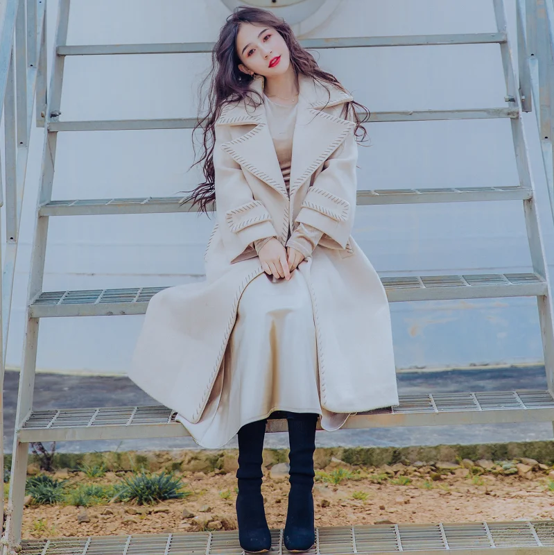 Mori Girl New Women Winter Long Wool Coat Korean Emboridery Cashmere Lady Elegant Overcoat Sweet Thick Tweed Classical Outerwear