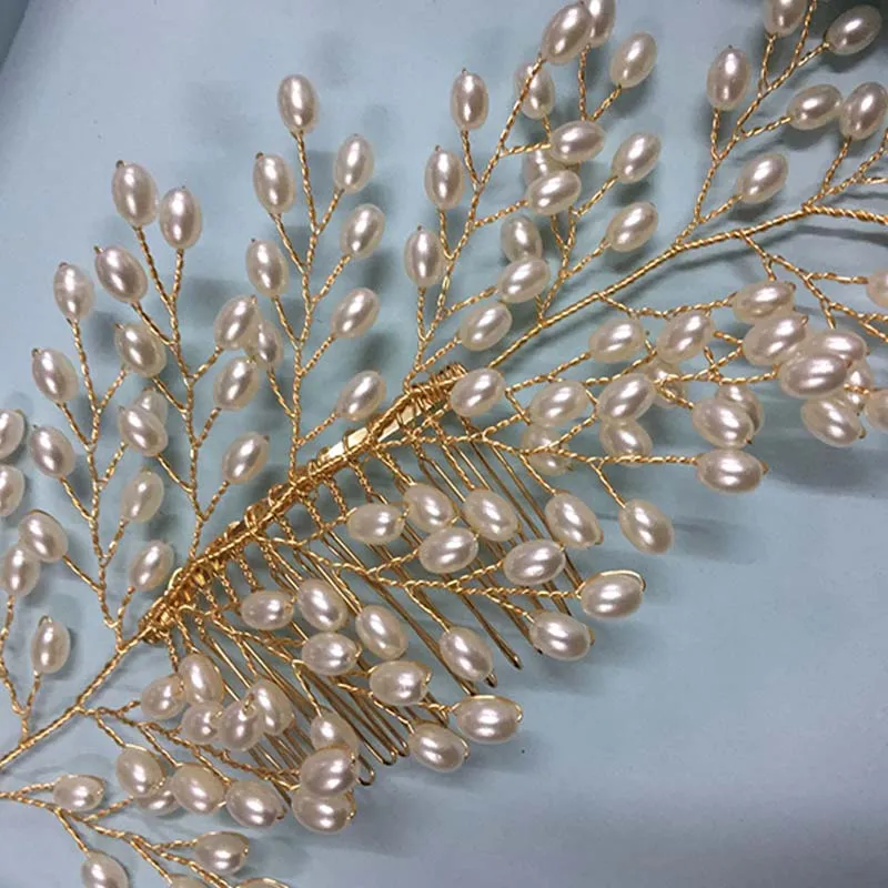 FORSEVEN ручной работы золотой лист жемчуга и кристаллы для свадьбы расческа для волос Ювелирная тиара Noiva головной убор для женщин Свадебные аксессуары для волос