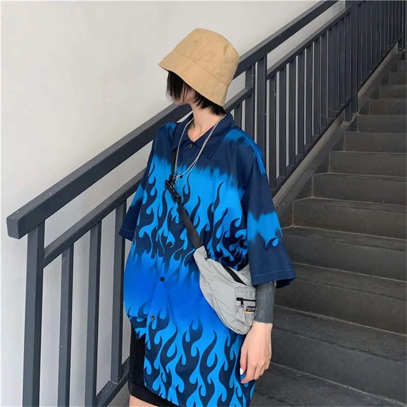 Lychee Harajuku Свободные женские летние Топы повседневные синие с принтом пламени женская блузка короткий рукав вырез лодочкой цвет блок женская рубашка