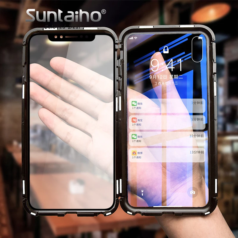 Suntaiho Magnetic Adsorption Case for iPhone X XS 8 Plus 7 Dual Tempered Glass Metal Frame Magnet Cases for iPhone X 8 7 Plus Suntaiho Magnetic Adsorption Case for iPhone X XS 8 Plus 7 Dual Tempered Glass Metal Frame Magnet Cases for iPhone X 8 7 Plus
