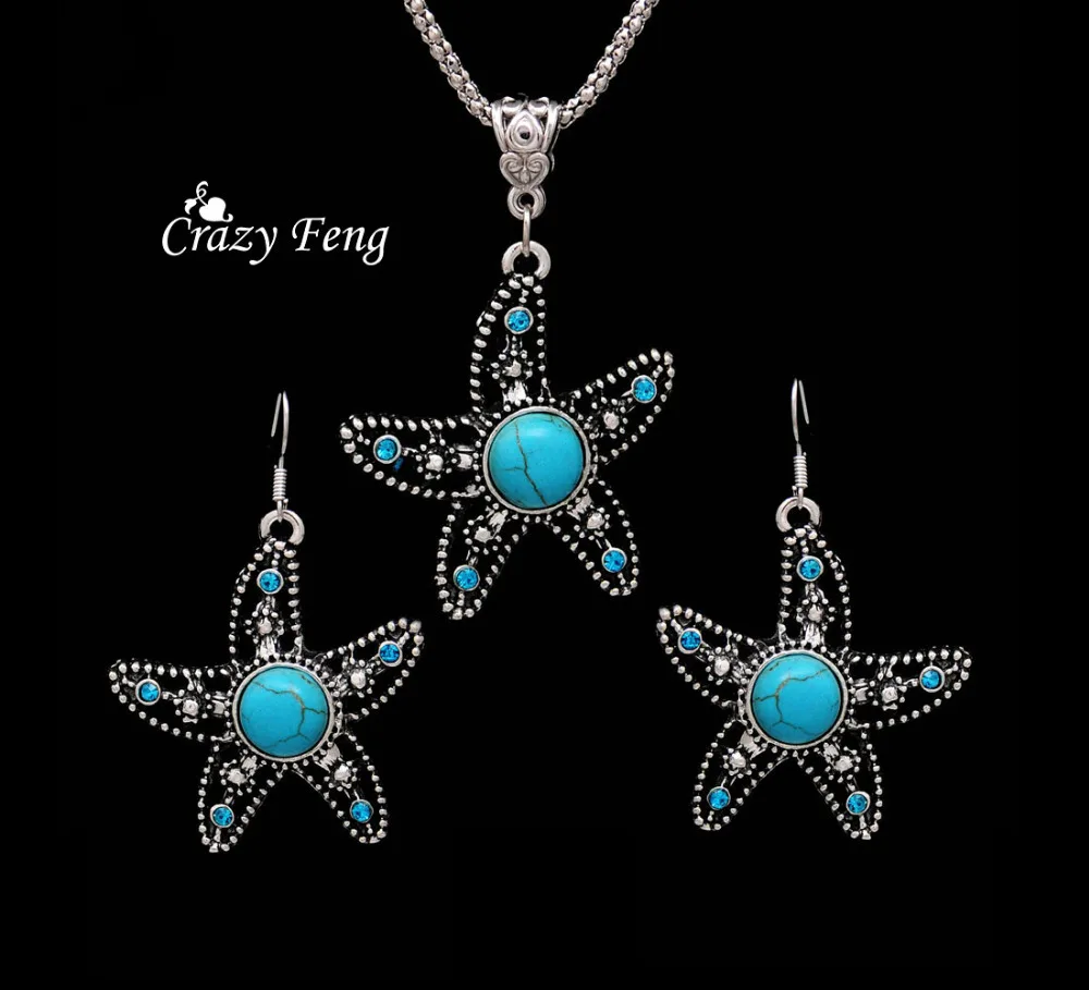 

Jewelry Sets Charming Starfish tibetan silver Earring Necklace For Women with blue stone crystal jewelry wholesale Free shipping