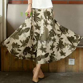 

Shanghai Story Blend Linen Long Skirt Spring Skirt Chinese Style phoenix tree leaf print Skirts Casual vintage Skirt MQ873