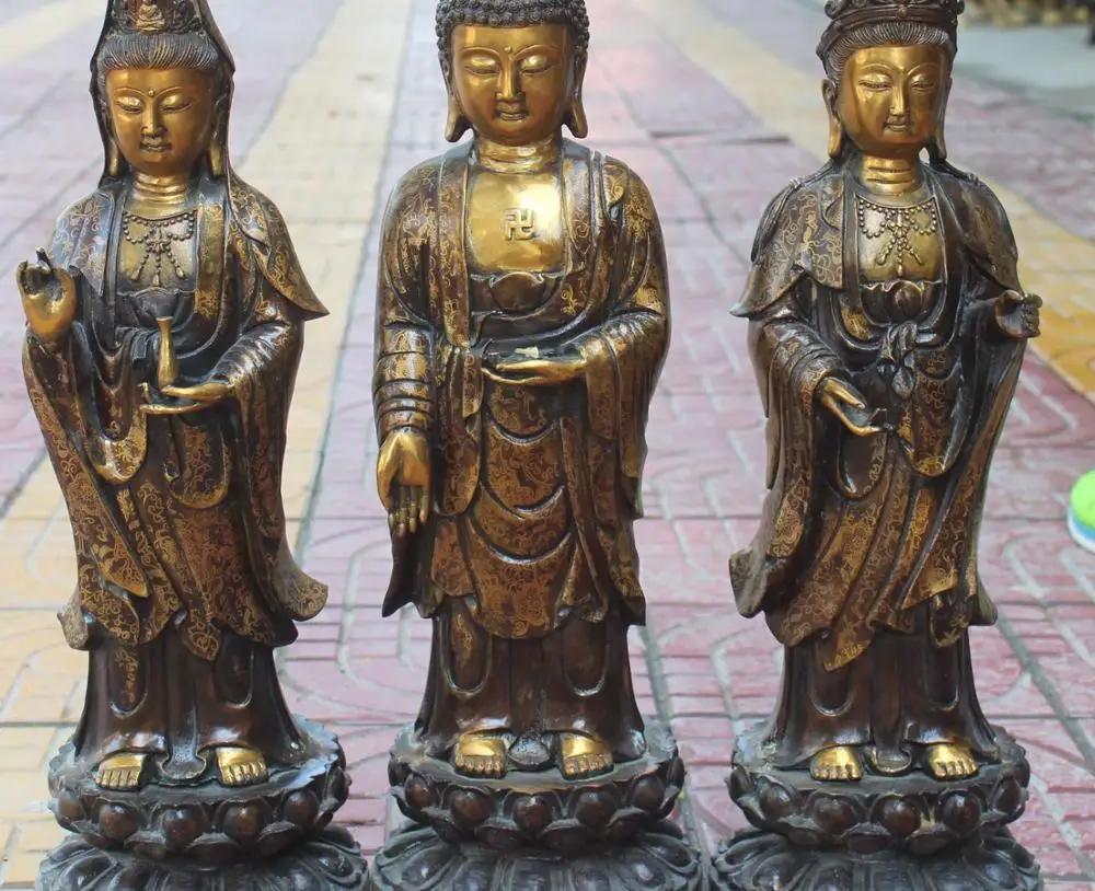 

Tibet Bronze Gilt Western Shakyamuni Kwan-yin God Hold Vase Buddha Statue Set