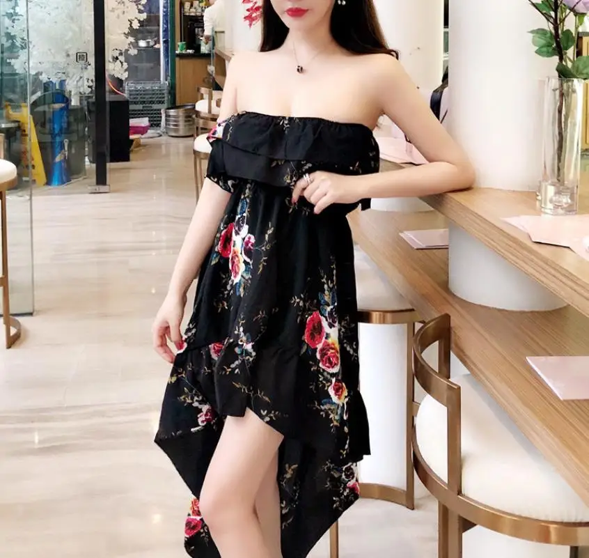 2018 New Summer Women's  Sexy  Printing  Ruffles Tops  Irregular Paty Dress Free Shipping