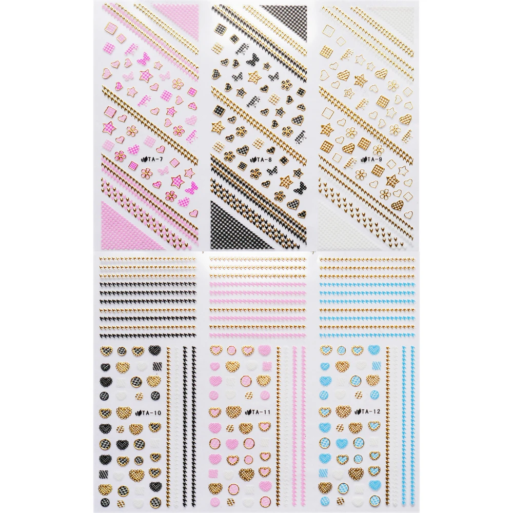 6 SHEETS / LOT 3D SELF ADHESIVE NAIL STICKER FLOWER CHAIN HEART BOW TIE WITH GOLD SILVER OUTLINE DECAL TA07-24 | Красота и здоровье