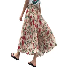 Новая весенне-летняя женская юбка с цветочным принтом и эластичной резинкой на талии, Повседневная плиссированная юбка длиной до щиколотки