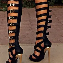 Женские модные черные кожаные сапоги-гладиаторы до колена с открытым носком; высокие сапоги с вырезами на платформе и шпильке; сапоги на высоком каблуке