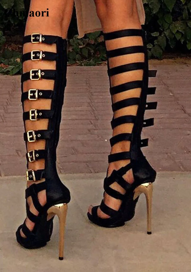Women Fashion Open Toe Black Leather Knee High Gladiator Boots Cut out ...