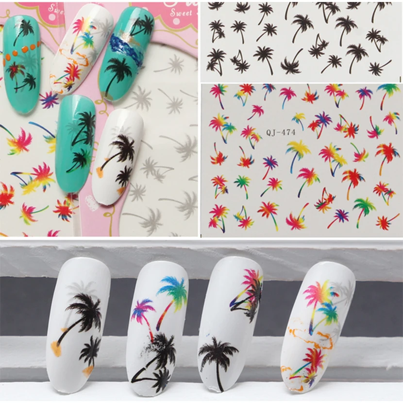 

1 Pcs DIY Nails Art Sticker Colorful Summer Oceans Coconut Trees Element Nail Wrap Sticker Tips Water Transfer Nail Decals