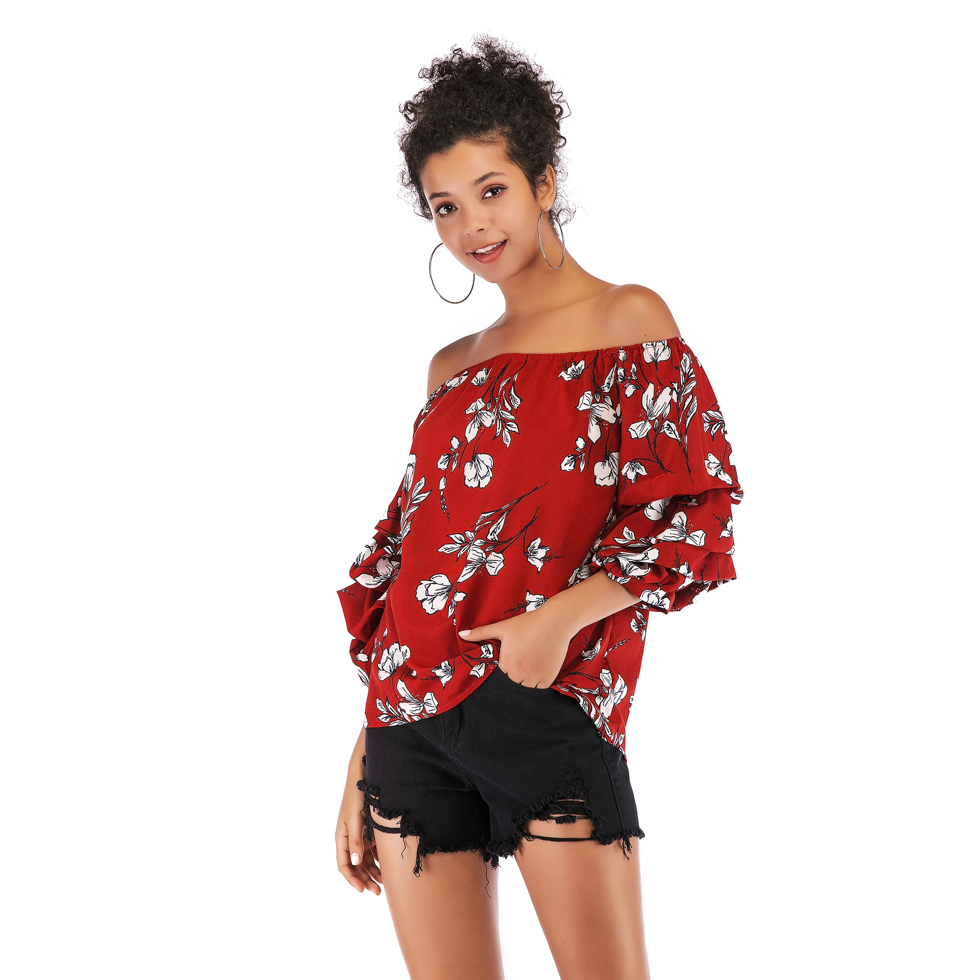 VZFF 2019 spring women's one-piece collar off-the-shoulder tube top chiffon shirt printing pile of sleeves shirt women