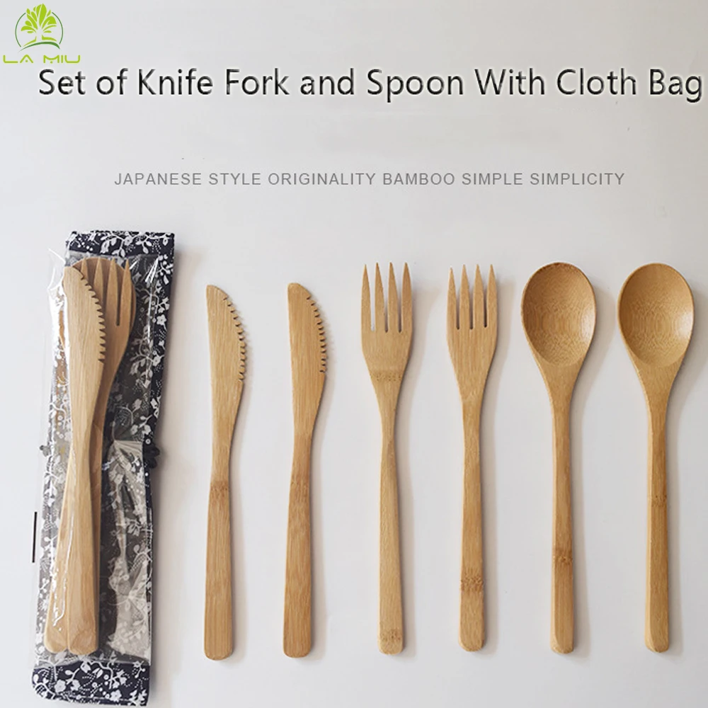 3Pcs/set Wooden Dinnerware Set Fork Knife Soup Teaspoon Bamboo Cutlery With Cloth Bag Reusable Kitchen Tableware Tools Utensil | Дом и сад