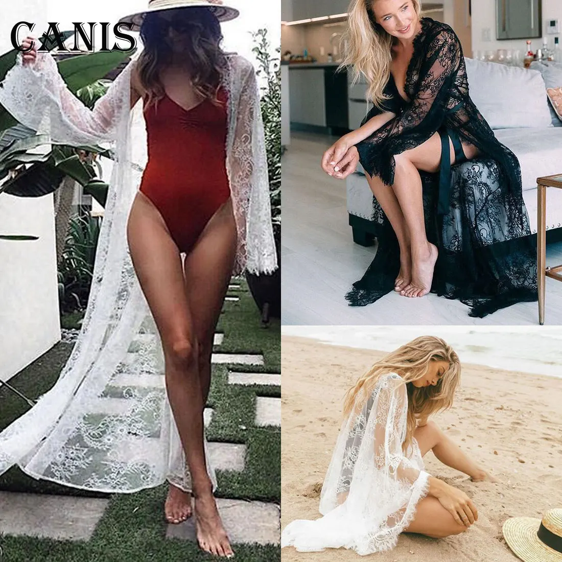 Summer Sexy Women Lace Boho Bikini Cover Up Kimono Cardigan Blouse Long Sunscreen Black White Hollow Out Lace Beachwear cover up beachwear