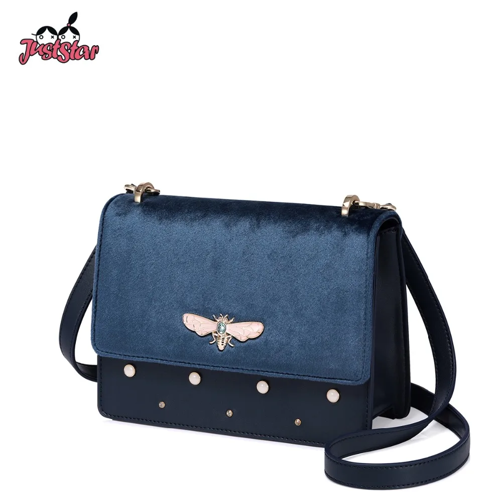 

JUST STAR Brand Women's Leather Messenger Bags Ladies Rivet Insect Shoulder Purse Female Panelled Flap Crossbody Bags