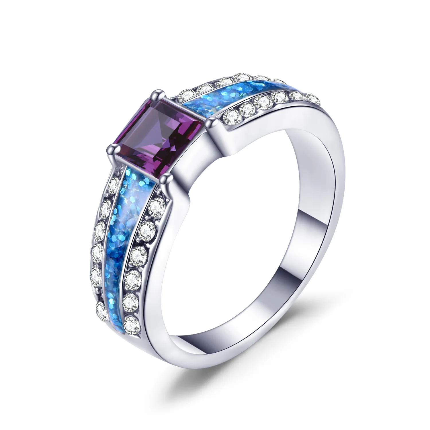 

New luxury opal silver ring with creative exaggeration set with Opel square zircon girl ring