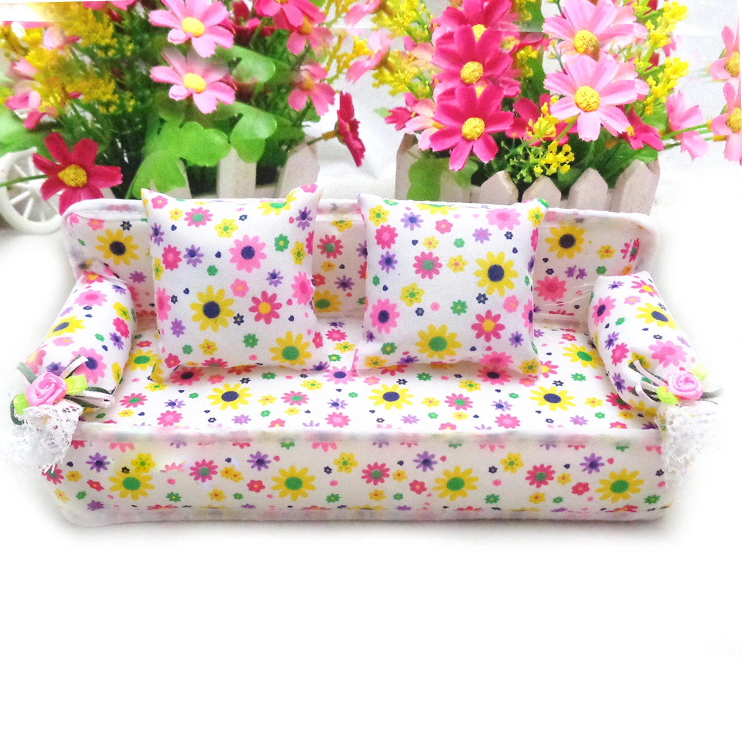 

Kids Mini Doll Flower Printed Sofa Soft Couch with 2 Cushions Pillows Miniature Dollhouse Furniture Accessories for Barbie Toy