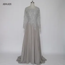 JIERUIZE Grey Chiffon Long Sleeves Evening Dresses A-Line Lace Appliques Beaded Formal Dresses Mother of the Bride Dresses