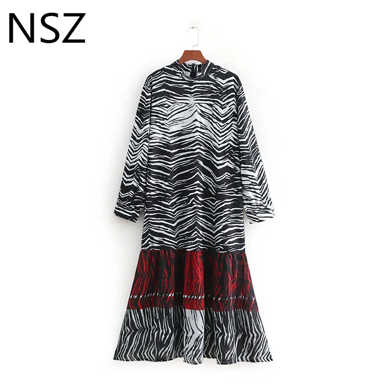 

NSZ Women Animal print Zebra Dress Casual Mid-Calf Stand Collar Loose Patchwork Long Maxi Dress Vestidos