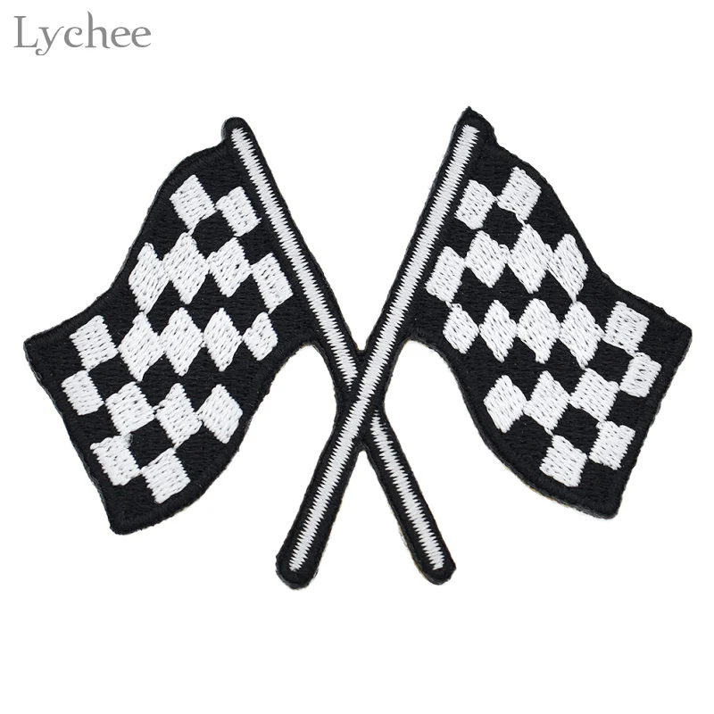 

Lychee Checkered Flag Chequered Iron On Patch Car Racing Rock Decals Clothing Patchworks Garment Applique