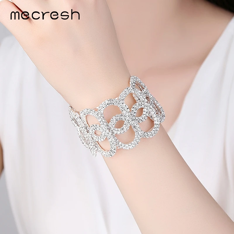 

Mecresh Beautiful Flower Crystal Bangles for Girl Silver Color Noble Bridal Bracelets & Bangles Wedding Christmas Jewelry MSL353