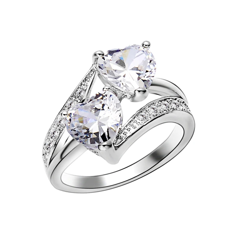

New Design Personality Crystal Rhinestone Rings Cubic Zircon Female Zircon Double Heart Rings For Women Wedding Bride Jewelry