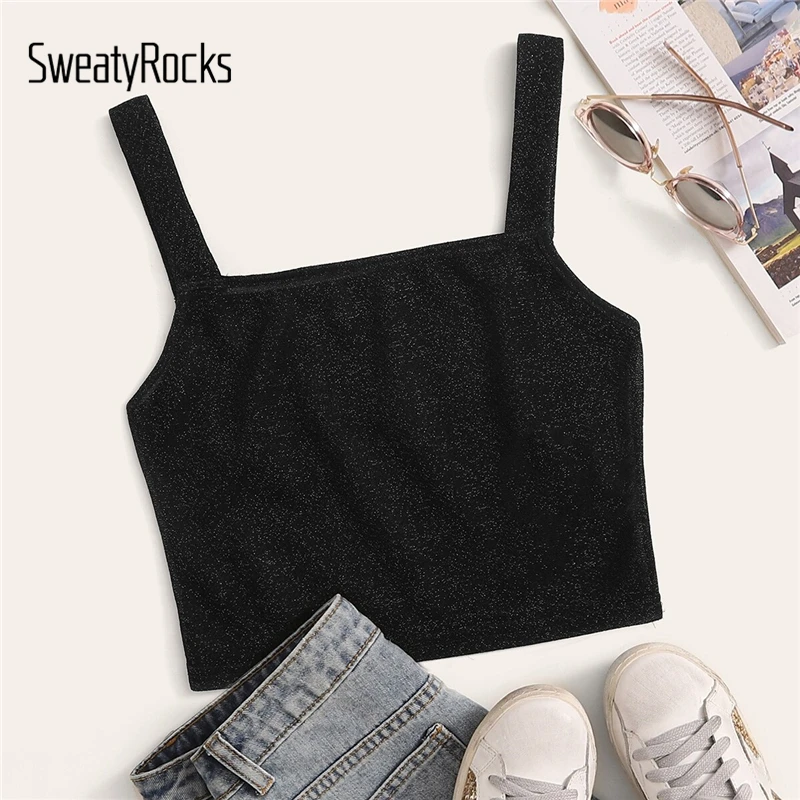 SweatyRocks Тонкий облегающий Блестящий укороченный Топ для женщин, облегающий уличная одежда, однотонный жилет, летние Гламурные топы без рукавов