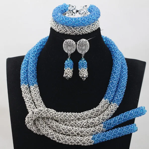 Небесно-Голубой Серебряный Африканский массивный Бисер Ювелирные наборы модные нигерийские Свадебные Ювелирные наборы женские новые WD924