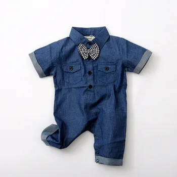 

2019 ins Baby Blue Denim Rompers With Plaid Gentleman Bow Tie Infant Toddler New Fashion Rompers Wholesale