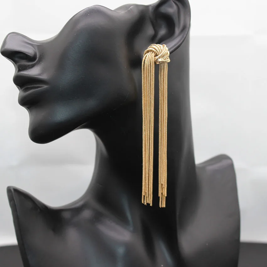 

new arrival fashion luxury long tassel gold color clain fashion women statement earrings 259
