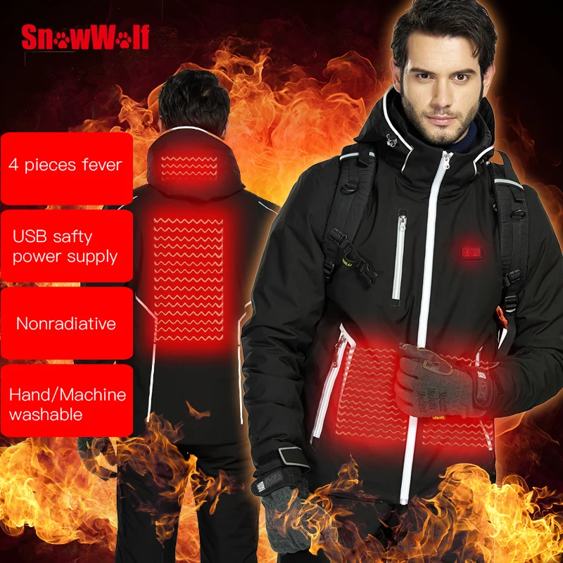 SNOWWOLF 2019 الرجال الشتاء بدلة تزلج USB ساخنة مقنعين سترة الذكور في الهواء الطلق للماء صامد للريح تنفس الحرارية معطف الجليد