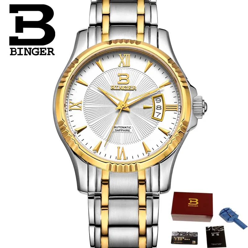 BINGER Мужские механические деловые часы, мужские часы из нержавеющей стали, автоматические самозаводные Топ, роскошные брендовые модные часы с сапфиром - Цвет: 04