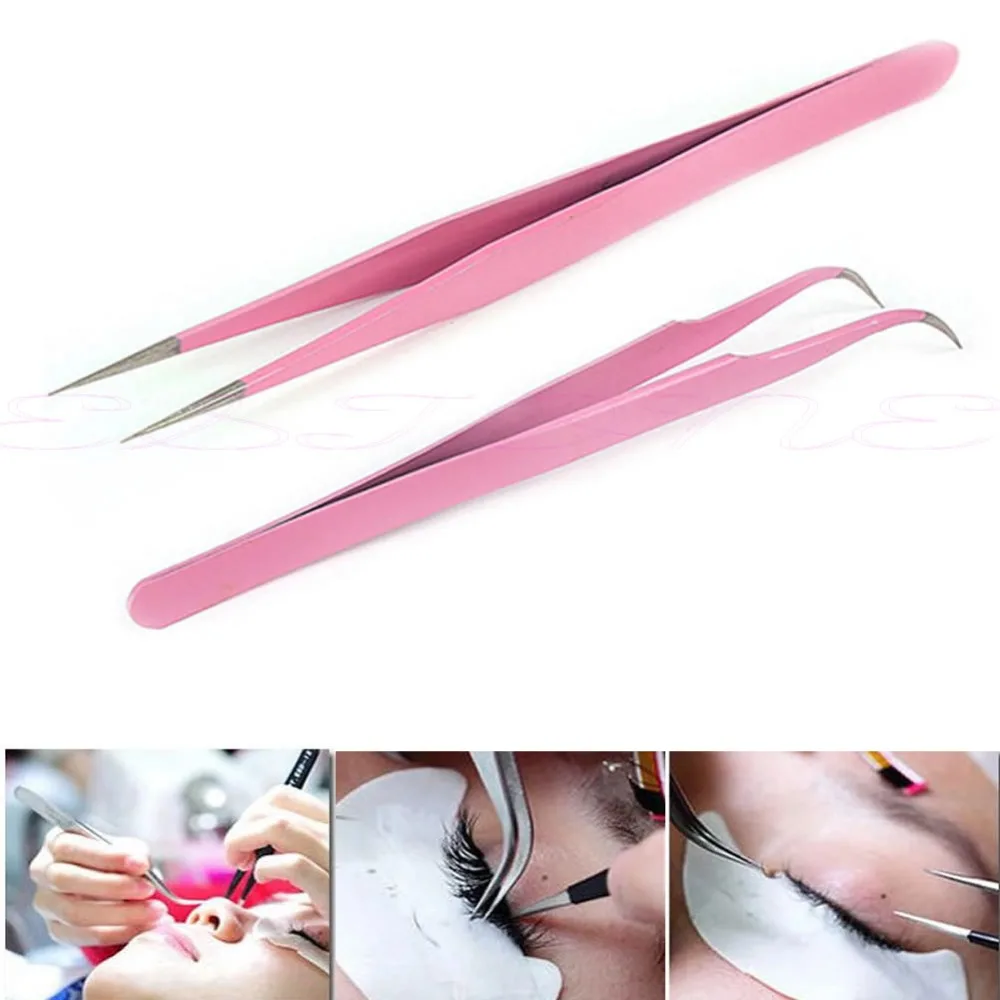 2015 Steel Pink Straight + Bend Tweezer For Nail Art Nippers Eyelash