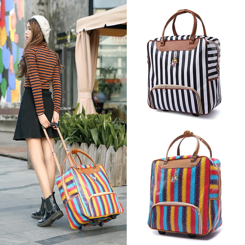

Women stripe waterproof Multifunction Rolling Luggage carry on shopping Trolley Bag girl Lovely Cartoon Trolley Suitcase hangbag