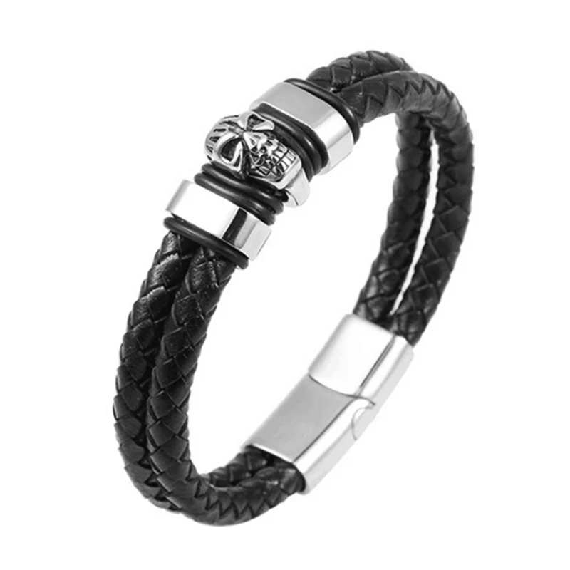 

Stylish Leather Skull Bracelet & Bangle Punk Multilayer Black Knitted Cuff Bracelets Men's Antique Gift 2018 Men's Bracelet