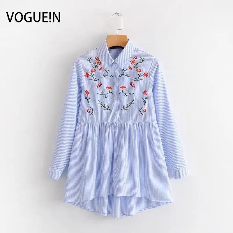  VOGUEIN New Womens Striped Lapel Floral Embroidery Pullover Shirt Asymmetrical Tops Blouse Wholesal