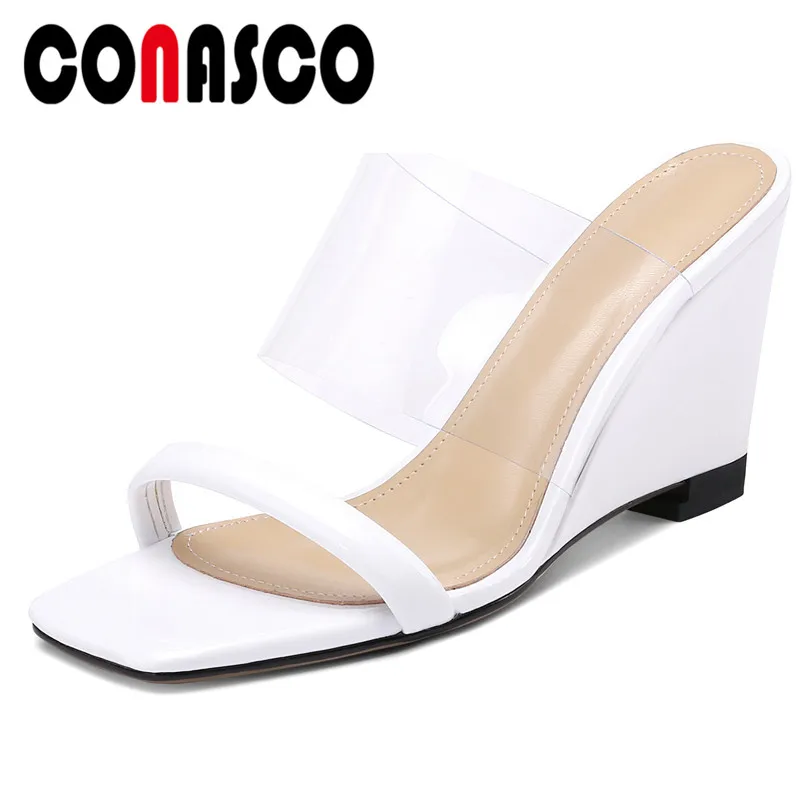 

CONASCO Summer Elegnat Wedge Sandals 2019 Women New Brand Genuine Leather High Heels Bling Concise Lady Pumps Sexy Shoes Woman