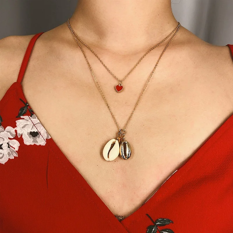 

Boho Fashion Multi-layer Seashell Clavicle Necklace Necklace Tiny Red Heart Shell Choker Necklace For Summer Beach Gift
